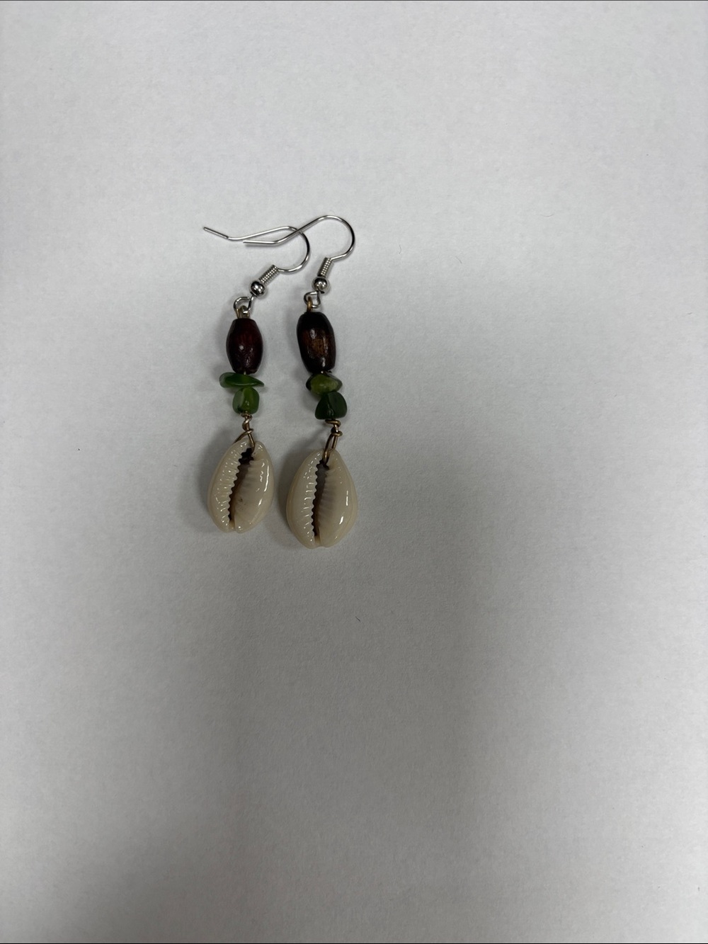Green and Cream Cowrie Drop Earrings with Wood Bead Accents